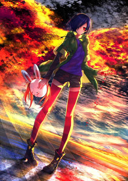 Anime picture 1102x1560 with tokyo ghoul studio pierrot kirishima touka swordsouls single tall image short hair red eyes blue hair looking away cloud (clouds) full body open clothes open jacket black sclera girl thighhighs jacket shorts boots