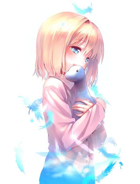 Anime picture 950x1250 with air key (studio) kamio misuzu dekatanaba tall image blush fringe short hair open mouth simple background blonde hair standing white background holding hug tears crying girl toy feather (feathers)