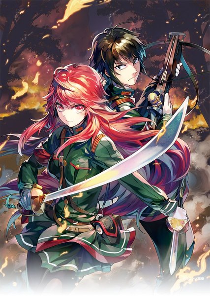 Anime picture 800x1123 with tenkyou no alderamin yatorishino xam ikuta sorouku ryuutetsu long hair tall image looking at viewer fringe short hair blue eyes hair between eyes red eyes brown hair holding ahoge red hair pleated skirt looking back from above official art