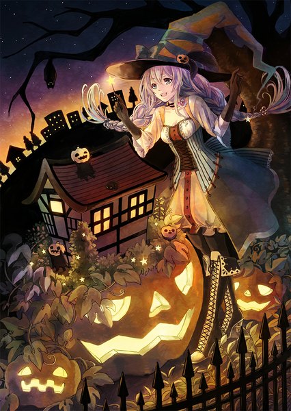 Anime picture 768x1081 with original amaichi esora single long hair tall image fringe open mouth green eyes looking away cleavage purple hair braid (braids) night night sky halloween bare tree girl skirt gloves flower (flowers)