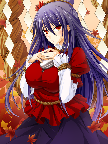 Anime picture 1200x1600 with touhou yasaka kanako bug (artist) single long hair tall image looking at viewer blush breasts red eyes large breasts blue hair girl dress leaf (leaves)