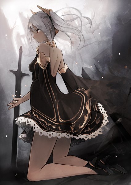 Anime picture 1000x1412 with original snm (sunimi) single long hair tall image fringe breasts red eyes twintails bare shoulders payot looking away full body bent knee (knees) long sleeves profile wind grey hair blurry wide sleeves