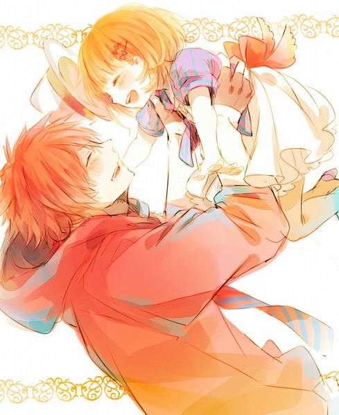 Anime picture 705x865 with uta no prince-sama a-1 pictures nanami haruka (uta no prince-sama) ittoki otoya hiyoyogi tall image blush short hair simple background blonde hair white background holding bent knee (knees) red hair eyes closed profile orange hair happy spread arms face to face