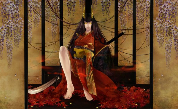 Anime picture 1302x800 with pochiharu single long hair black hair wide image yellow eyes nail polish japanese clothes barefoot horn (horns) glowing demon girl glowing eye (eyes) oni horns girl weapon leaf (leaves) branch