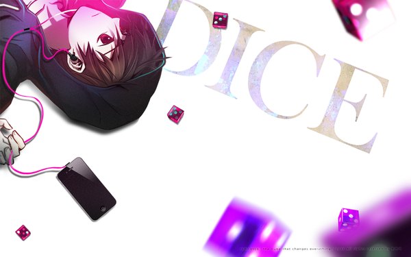 Anime picture 1920x1200 with dice: the cube that changes everything dongtae single highres short hair red eyes brown hair white background looking away lying boy headphones hood dice iphone