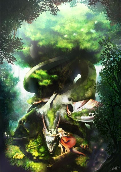 Anime picture 1393x1976 with original plastick tall image highres blonde hair signed braid (braids) horn (horns) twin braids fantasy nature girl dress flower (flowers) plant (plants) detached sleeves animal tree (trees) bird (birds) forest