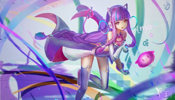 Anime picture 1400x803 with original wangchuan de quanyan single long hair looking at viewer fringe open mouth smile red eyes wide image standing twintails bare shoulders signed animal ears blue hair purple hair blunt bangs braid (braids) multicolored hair