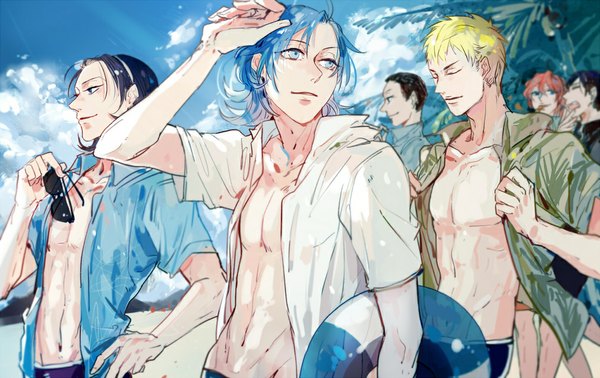 Anime picture 1010x637 with yowamushi pedal toudou jinpachi sangaku manami arakita yasutomo shinkai hayato fukutomi juichi izumida touichirou cookon short hair blue eyes black hair blonde hair smile blue hair looking away sky cloud (clouds) red hair eyes closed profile