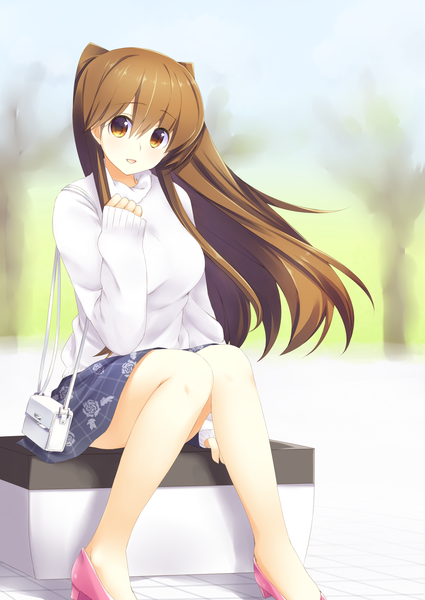 Anime picture 2149x3035 with white album 2 ogiso setsuna miyashita maka single long hair tall image looking at viewer fringe highres open mouth hair between eyes brown hair sitting brown eyes wind blurry knees together feet apart girl skirt shoes