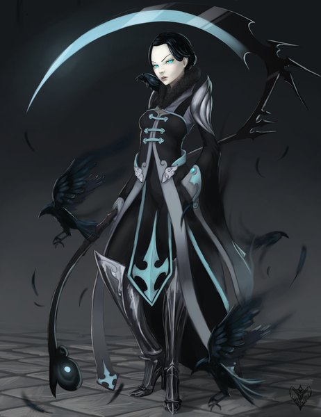 Anime picture 5920x7680 with diablo (game) blizzard entertainment forgotten-wings single tall image looking at viewer highres short hair blue eyes black hair absurdres girl weapon animal bird (birds) clothes scythe crow