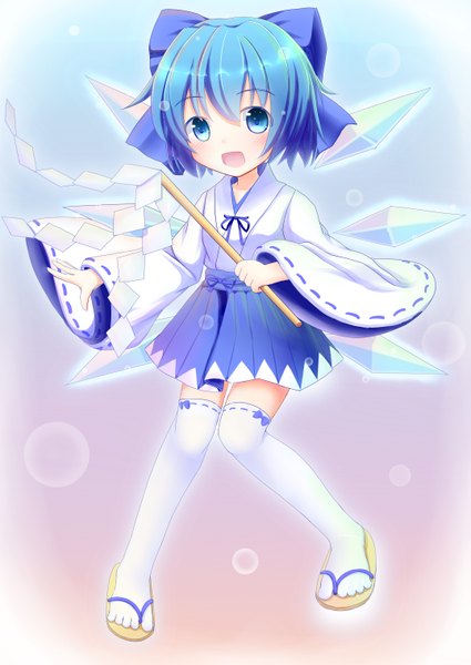 Anime picture 2149x3035 with touhou cirno choko (mixberry parfait) single tall image blush highres short hair open mouth blue eyes smile blue hair japanese clothes wide sleeves loli alternate costume zettai ryouiki knees touching girl thighhighs
