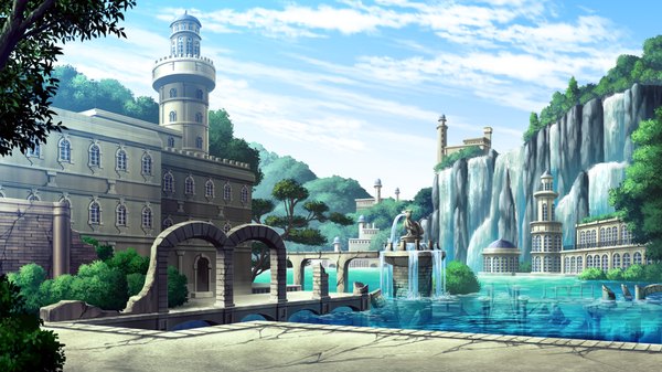 Anime picture 1280x720 with madou koukaku eushully wide image game cg sky cloud (clouds) no people landscape river waterfall plant (plants) tree (trees) water window castle