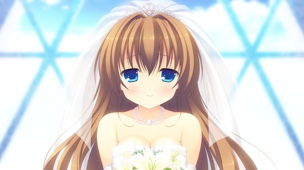 Anime picture 1280x720 with magical dears uino maho single long hair looking at viewer blue eyes brown hair wide image game cg girl dress flower (flowers) bouquet wedding dress wedding veil