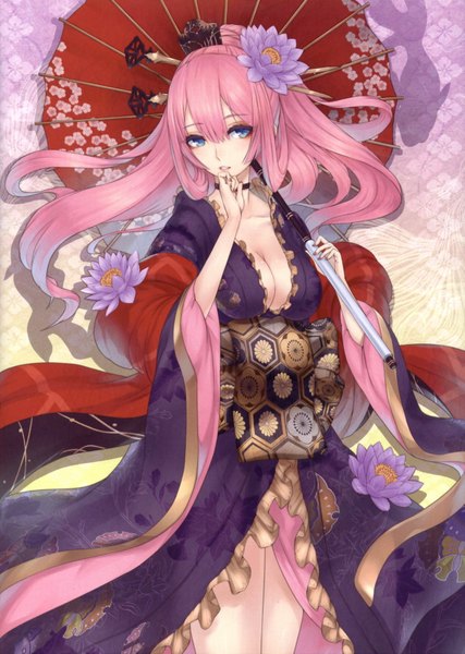 Anime picture 1289x1811 with vocaloid megurine luka 2d (artist) single long hair tall image blush blue eyes light erotic standing holding pink hair cleavage ponytail nail polish traditional clothes parted lips japanese clothes hair flower shadow