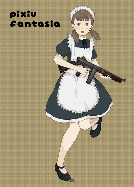 Anime picture 1143x1600 with original pixiv fantasia mosuko single tall image blush short hair open mouth brown hair twintails brown eyes inscription maid short twintails plaid brown background plaid background girl gun apron