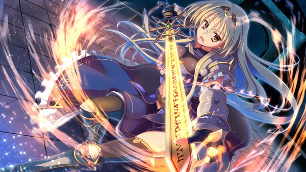Anime picture 1600x900 with original yuzu modoki single long hair open mouth blonde hair wide image brown eyes girl thighhighs dress weapon black thighhighs sword fingerless gloves