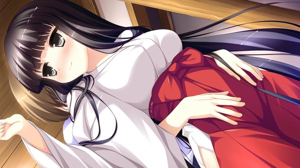 Anime picture 1280x720 with kamigakari cross heart! miyano oume long hair blush black hair wide image game cg black eyes miko girl