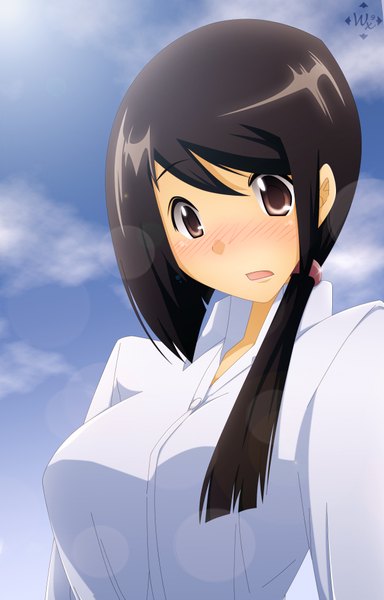 Anime picture 1200x1875 with kami nomi zo shiru sekai nagase jun single long hair tall image blush open mouth black hair brown eyes girl shirt