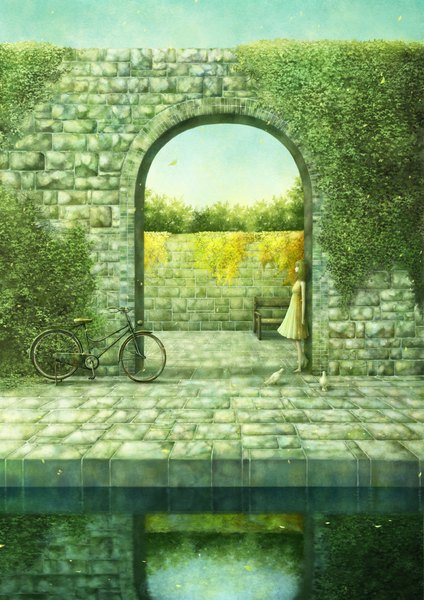 Anime picture 794x1123 with original fuumi (kazami) single long hair tall image looking away barefoot reflection girl dress plant (plants) animal water bird (birds) leaf (leaves) ground vehicle bench bushes bicycle pigeon