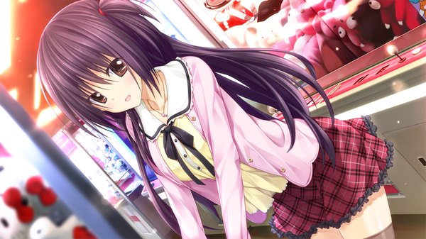 Anime picture 1280x720 with pretty x cation hibiki works nozomi asagiri single long hair looking at viewer blush open mouth black hair wide image brown eyes game cg girl thighhighs dress
