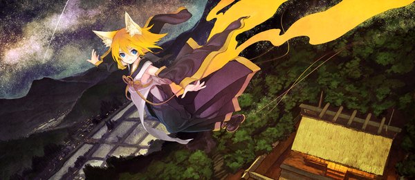 Anime picture 2211x960 with vocaloid kagamine rin kitsune (kazenouta) single highres short hair blue eyes blonde hair smile wide image animal ears tail animal tail from above fox ears city fox tail spread arms cityscape mountain