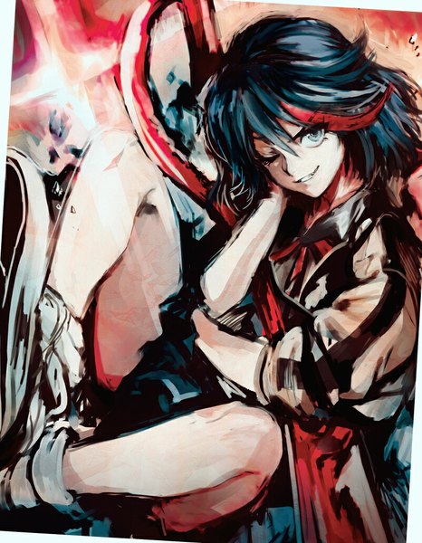 Anime picture 800x1029 with kill la kill studio trigger matoi ryuuko jdjd0tmt single tall image looking at viewer short hair black hair smile sitting holding red hair one eye closed multicolored hair wink two-tone hair grey eyes streaked hair girl
