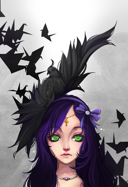 Anime picture 1346x1965 with jinkimania (artist) single long hair tall image simple background green eyes purple hair grey background face girl bow hair bow animal bird (birds) necklace origami