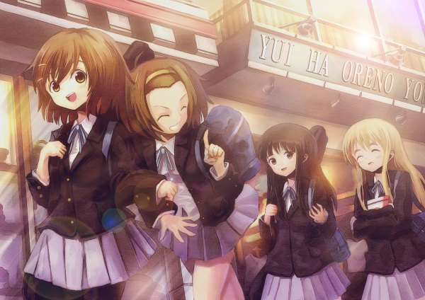 Anime picture 1200x848 with k-on! kyoto animation akiyama mio hirasawa yui kotobuki tsumugi tainaka ritsu hyuuga azuri long hair short hair open mouth black hair blonde hair smile brown hair multiple girls brown eyes outdoors eyes closed :d pleated skirt