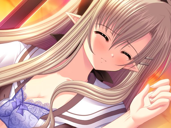Anime picture 1024x768 with shuffle! single long hair blush light erotic brown hair game cg eyes closed pointy ears girl