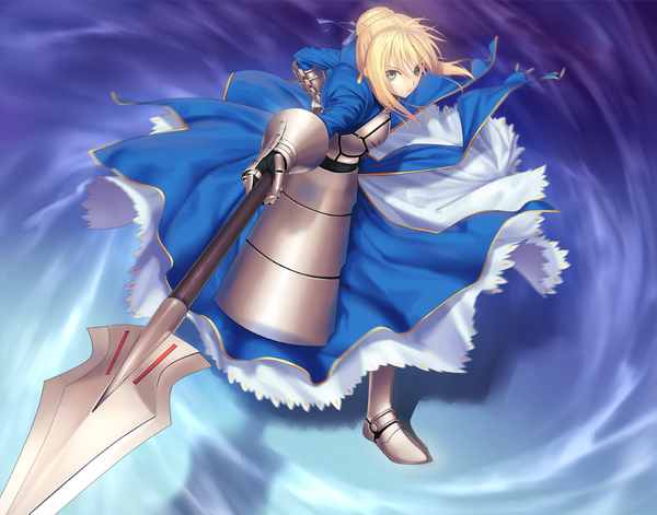 Anime picture 1000x786 with fate (series) fate/stay night studio deen type-moon artoria pendragon (all) saber tsukikanade single looking at viewer short hair blue eyes blonde hair holding girl dress gloves weapon armored dress