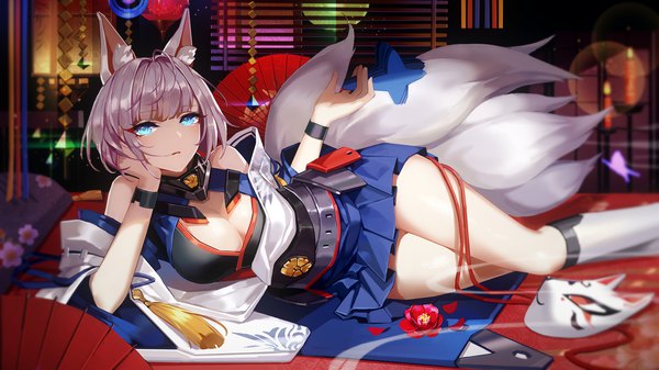 Anime picture 2083x1172 with azur lane kaga (azur lane) zjsstc single looking at viewer fringe highres short hair breasts blue eyes light erotic wide image large breasts bare shoulders animal ears cleavage silver hair ahoge indoors tail