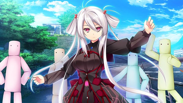 Anime picture 1280x720 with harvest overray giga single long hair red eyes wide image game cg sky cloud (clouds) white hair girl dress plant (plants) detached sleeves tree (trees)