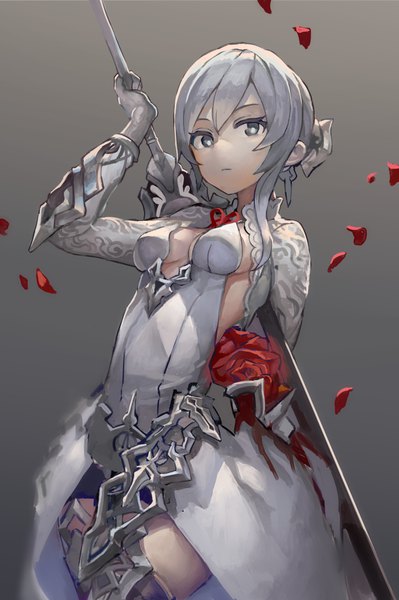 Anime picture 681x1024 with sinoalice snow white (sinoalice) organ derwald single tall image looking at viewer fringe short hair light erotic simple background hair between eyes standing holding cleavage long sleeves grey hair grey background grey eyes girl gloves