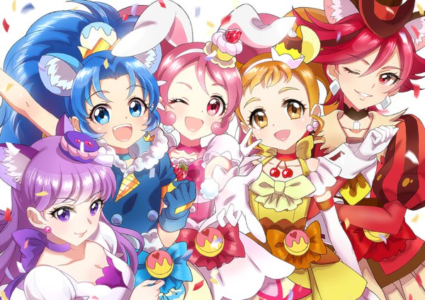 Anime picture 1366x966 with precure kirakira precure a la mode toei animation usami ichika kenjou akira cure whip kotozume yukari cure chocolat cure macaron arisugawa himari tategami aoi cure custard cure gelato hoshi (xingspresent) long hair looking at viewer blush fringe short hair breasts