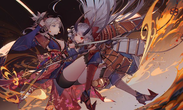 Anime picture 1055x638 with fate (series) fate/grand order miyamoto musashi (fate) tomoe gozen (fate) kawacy long hair short hair blue eyes red eyes wide image multiple girls signed cleavage silver hair ponytail horn (horns) battle bleeding girl weapon