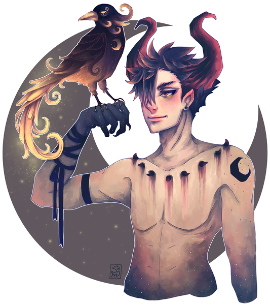 Anime picture 1280x1440 with original sea of diamonds single tall image fringe short hair black hair brown eyes yellow eyes looking away horn (horns) light smile pointy ears hair over one eye tattoo topless transparent background bird on hand boy animal