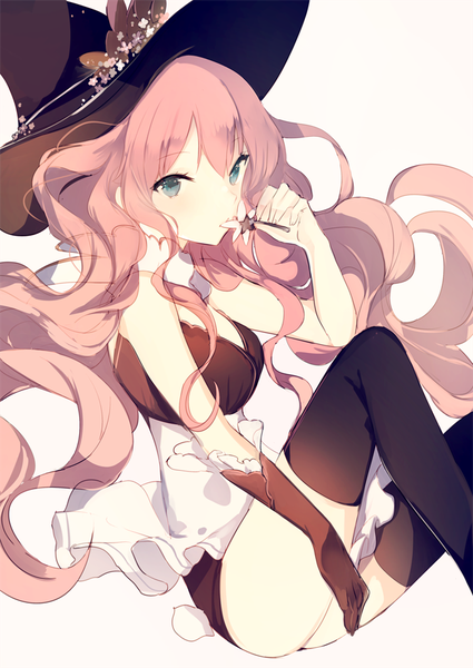 Anime picture 650x918 with vocaloid megurine luka lpip single long hair tall image looking at viewer blush fringe breasts blue eyes light erotic simple background hair between eyes white background sitting holding pink hair cleavage bent knee (knees)