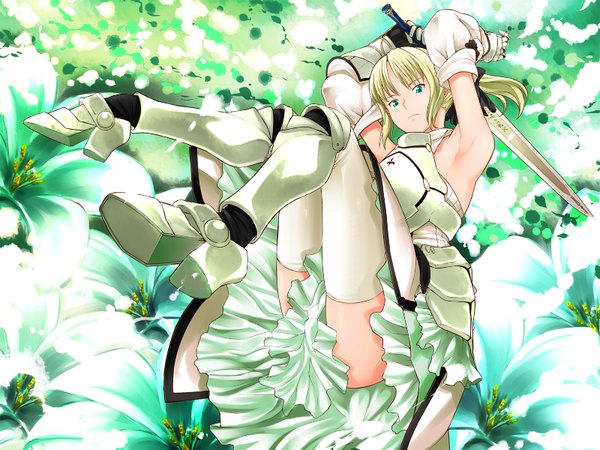 Anime picture 1600x1200 with fate (series) fate/stay night fate/unlimited codes studio deen type-moon artoria pendragon (all) saber saber lily fukurou single highres short hair light erotic blonde hair ahoge ass aqua eyes armpit (armpits) jumping girl