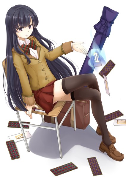Anime picture 1000x1414 with mochinya21 single long hair tall image looking at viewer black hair sitting purple eyes crossed legs girl thighhighs skirt uniform black thighhighs school uniform card (cards)