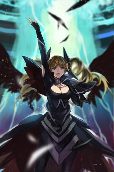 Anime picture 1417x2125 with eiyuu densetsu elie macdowell swd3e2 single long hair tall image fringe breasts open mouth blonde hair large breasts standing long sleeves drill hair happy black wings girl dress wings black dress