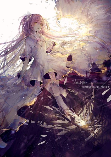 Anime picture 778x1100 with mahou shoujo madoka magica shaft (studio) kaname madoka goddess madoka bai qi-qsr single tall image blush fringe open mouth hair between eyes signed yellow eyes looking away pink hair bent knee (knees) very long hair sunlight wide sleeves short sleeves