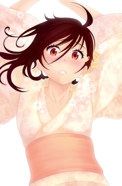 Anime picture 2000x3055 with nisekoi shaft (studio) onodera kosaki eltk single long hair tall image blush highres simple background brown hair white background ahoge traditional clothes japanese clothes orange eyes embarrassed coloring girl belt