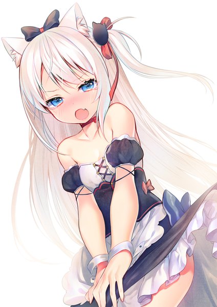 Anime picture 1000x1414 with azur lane hammann (azur lane) shirako sei single long hair tall image looking at viewer blush fringe open mouth blue eyes light erotic simple background hair between eyes white background bare shoulders animal ears white hair cat ears cat girl