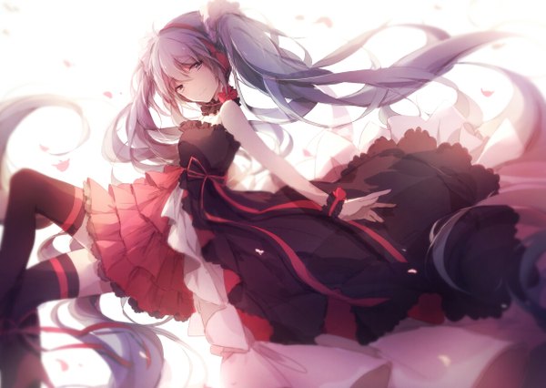 Anime picture 1227x872 with 7th dragon 2020 vocaloid hatsune miku peneko single blue eyes smile white background twintails blue hair bent knee (knees) very long hair girl thighhighs dress black thighhighs petals frills headphones wrist cuffs