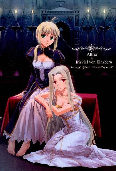 Anime picture 1280x1885 with fate (series) fate/zero type-moon artoria pendragon (all) saber irisviel von einzbern long hair tall image looking at viewer fringe breasts blonde hair red eyes sitting green eyes cleavage white hair barefoot dress candle (candles)