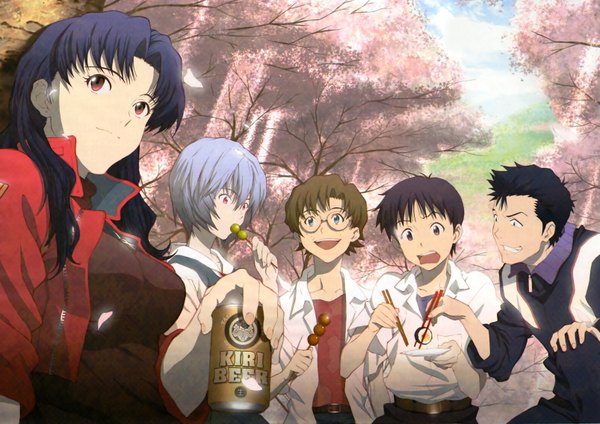 Anime picture 3210x2270 with neon genesis evangelion gainax ayanami rei ikari shinji katsuragi misato suzuhara touji aida kensuke sadamoto yoshiyuki highres absurdres cherry blossoms group alcohol beer