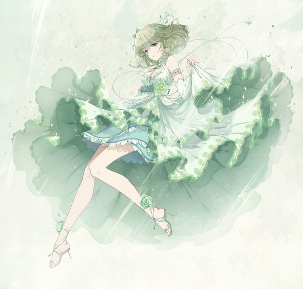 Anime picture 1864x1777 with idolmaster idolmaster cinderella girls takagaki kaede kieta single looking at viewer fringe highres short hair simple background bare shoulders holding cleavage full body bent knee (knees) nail polish head tilt aqua eyes fingernails green hair