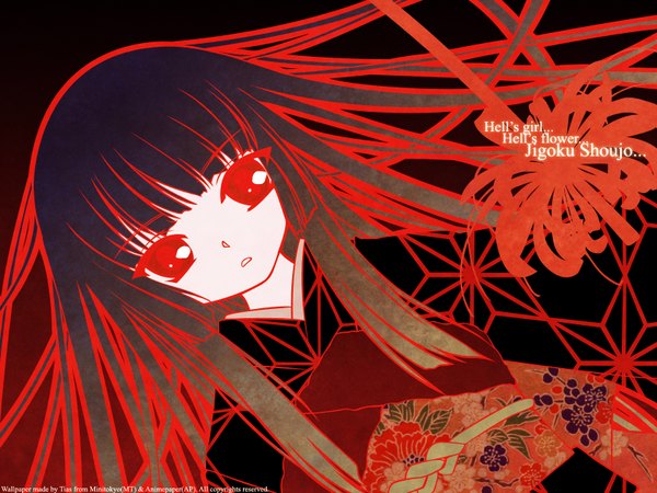 Anime picture 1600x1200 with hell girl studio deen enma ai long hair red eyes traditional clothes japanese clothes inscription floral print black background girl kimono