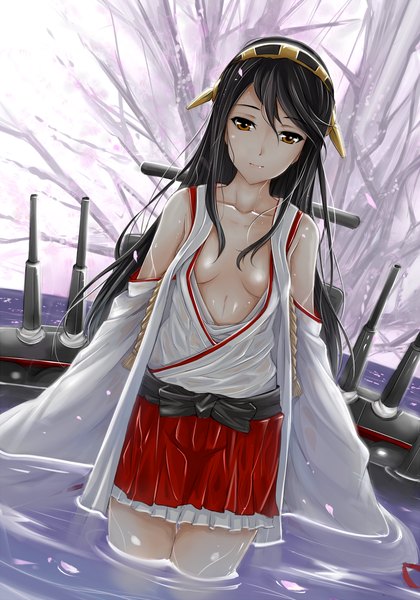 Anime picture 868x1239 with kantai collection haruna battleship nonoririn single long hair tall image looking at viewer breasts light erotic black hair bare shoulders brown eyes traditional clothes japanese clothes wet clothes girl detached sleeves water