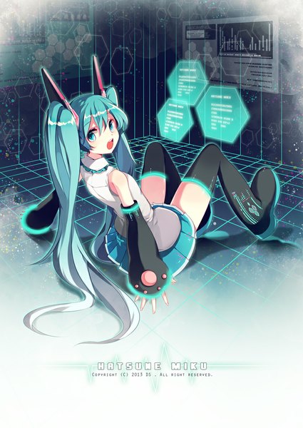 Anime picture 752x1062 with vocaloid hatsune miku dasulchan single long hair tall image looking at viewer blush open mouth sitting twintails bare shoulders looking back aqua eyes aqua hair inscription girl detached sleeves thigh boots